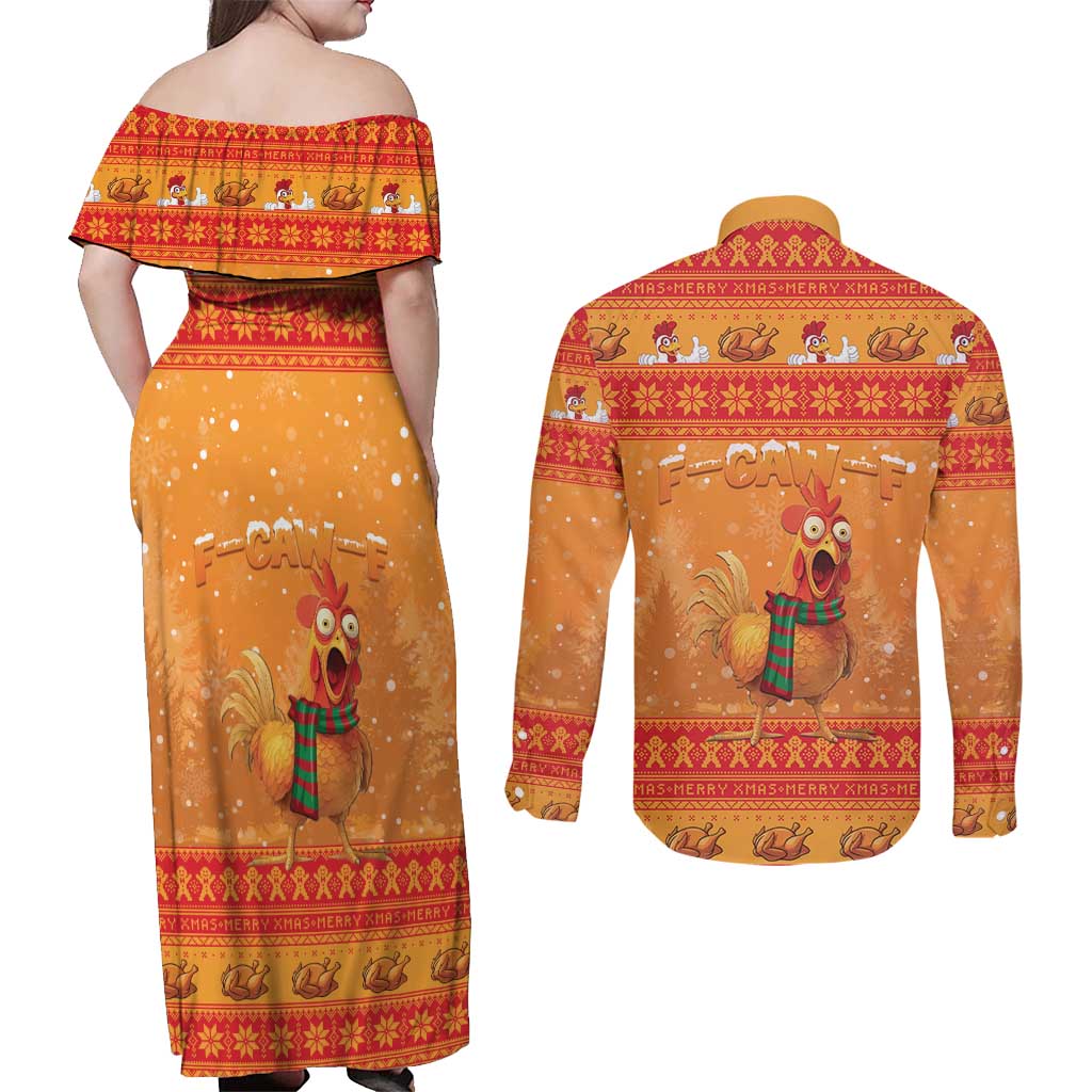 Funny Christmas F Caw F Chicken Couples Matching Off Shoulder Maxi Dress and Long Sleeve Button Shirt Merry Craw Mas - Wonder Print Shop