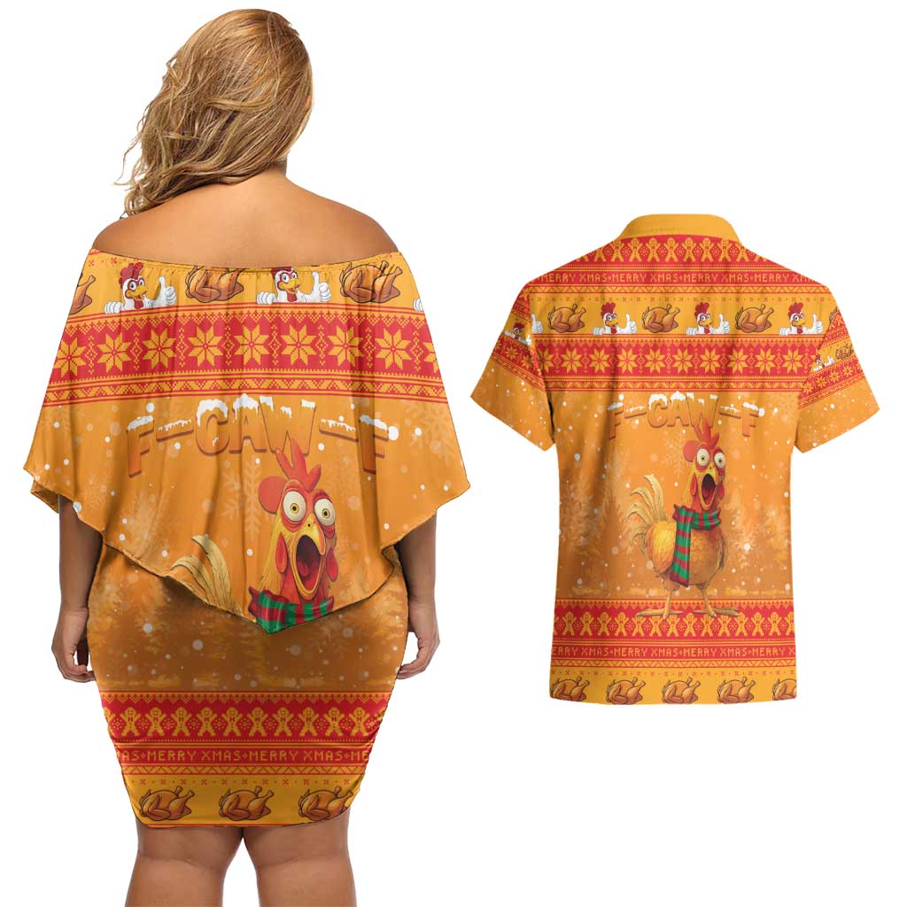 Funny Christmas F Caw F Chicken Couples Matching Off Shoulder Short Dress and Hawaiian Shirt Merry Craw Mas - Wonder Print Shop