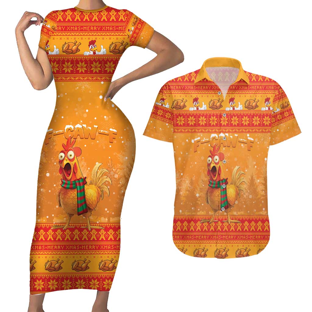 Funny Christmas F Caw F Chicken Couples Matching Short Sleeve Bodycon Dress and Hawaiian Shirt Merry Craw Mas - Wonder Print Shop
