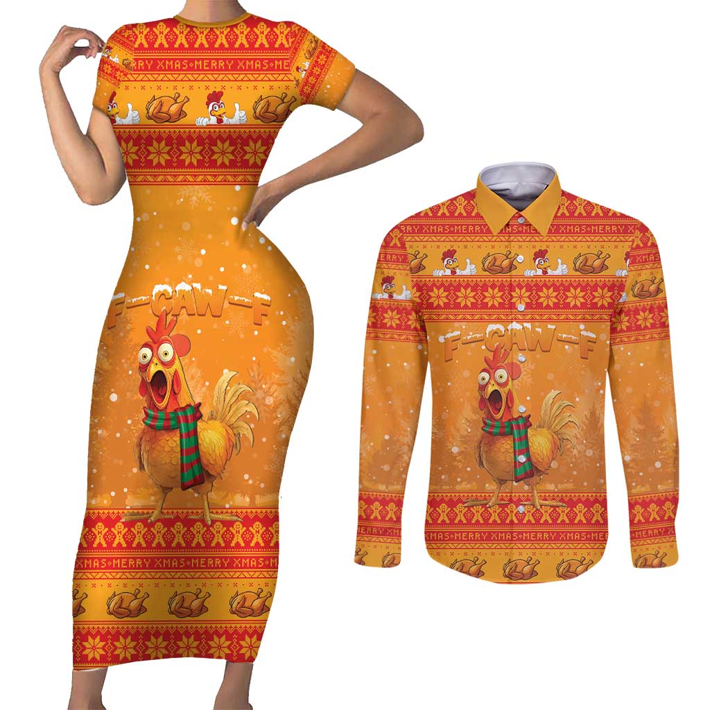 Funny Christmas F Caw F Chicken Couples Matching Short Sleeve Bodycon Dress and Long Sleeve Button Shirt Merry Craw Mas - Wonder Print Shop
