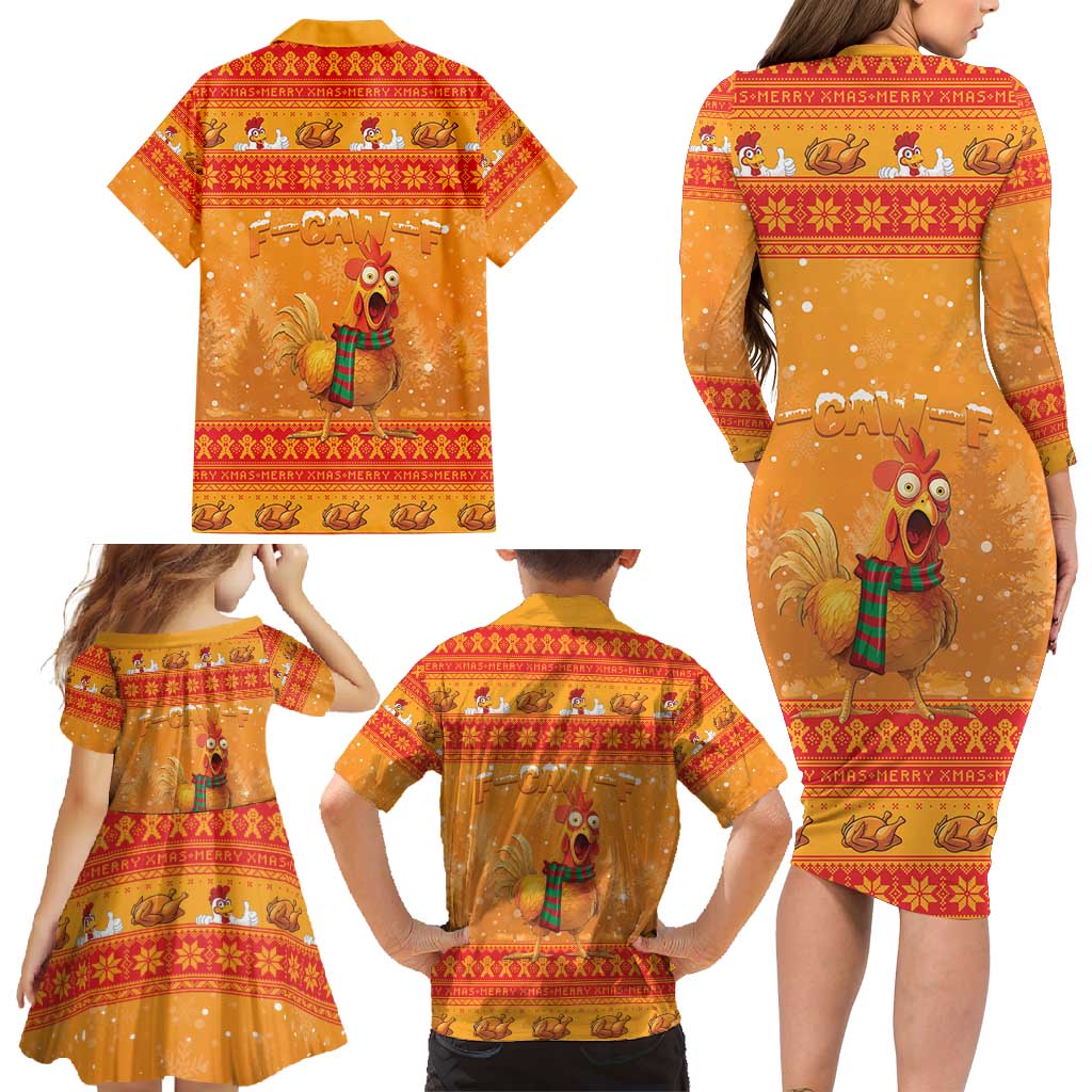 Funny Christmas F Caw F Chicken Family Matching Long Sleeve Bodycon Dress and Hawaiian Shirt Merry Craw Mas - Wonder Print Shop