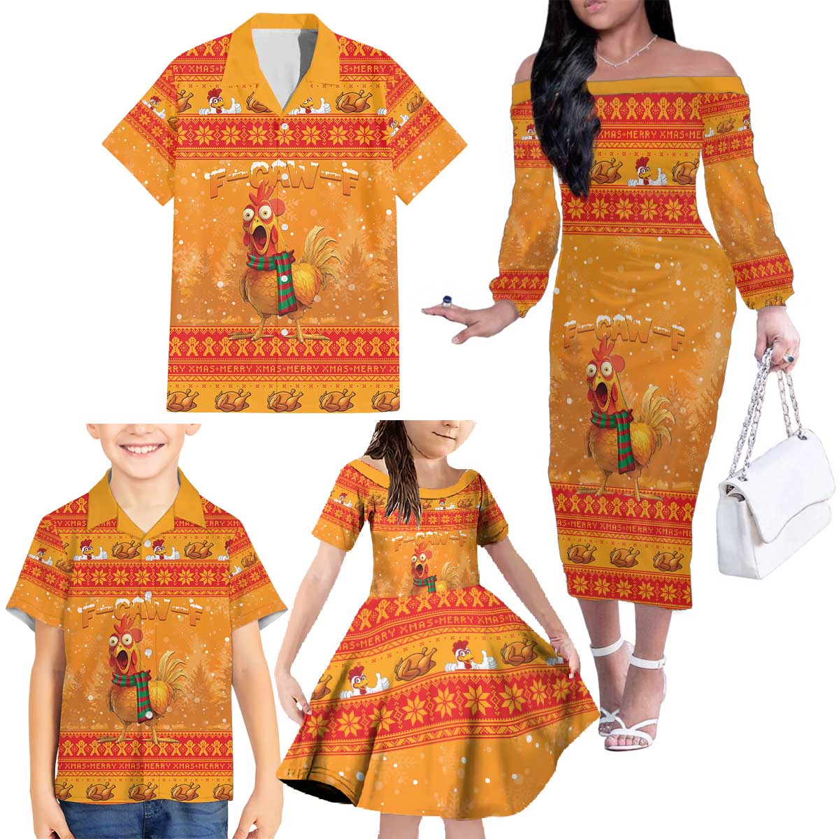 Funny Christmas F Caw F Chicken Family Matching Off The Shoulder Long Sleeve Dress and Hawaiian Shirt Merry Craw Mas - Wonder Print Shop