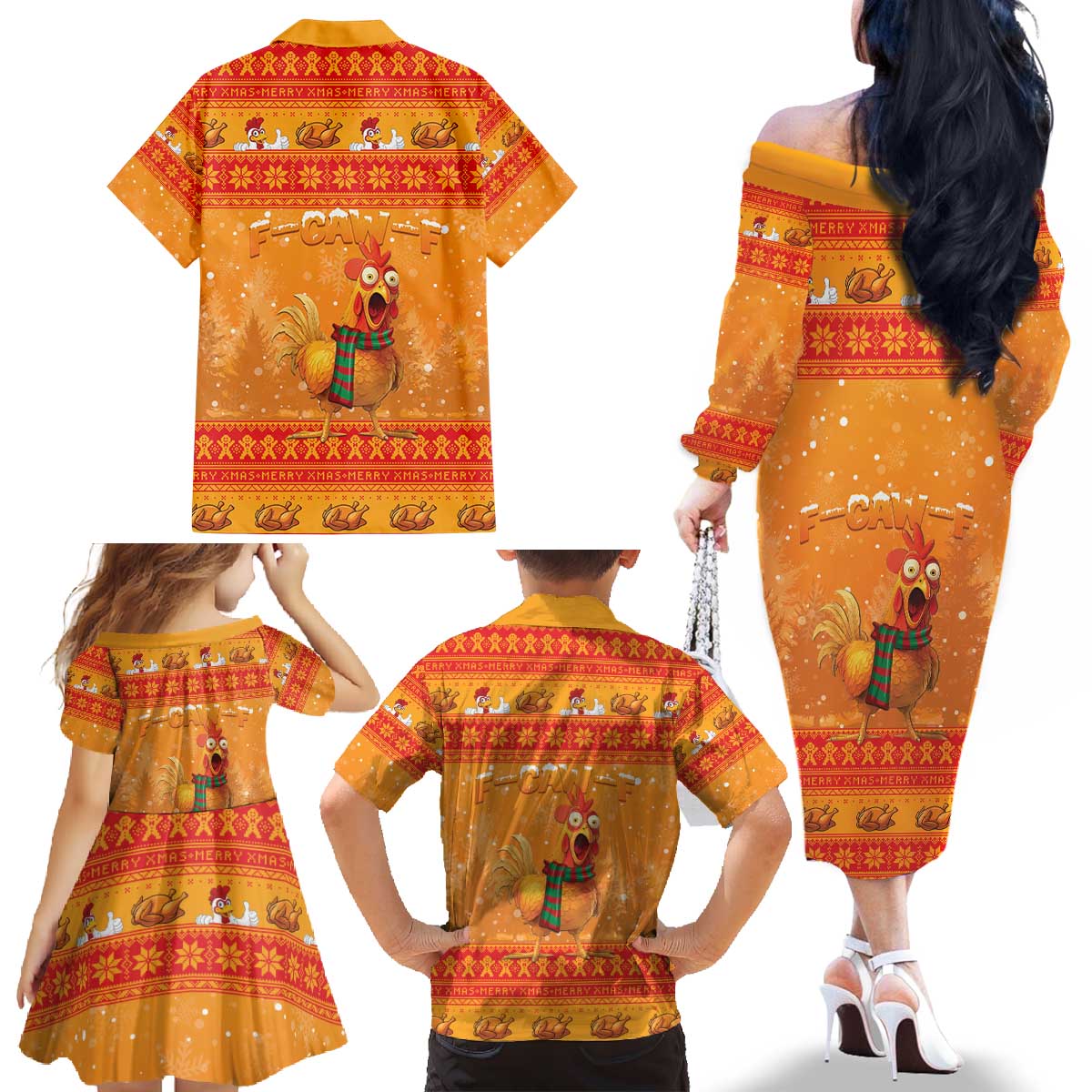 Funny Christmas F Caw F Chicken Family Matching Off The Shoulder Long Sleeve Dress and Hawaiian Shirt Merry Craw Mas - Wonder Print Shop