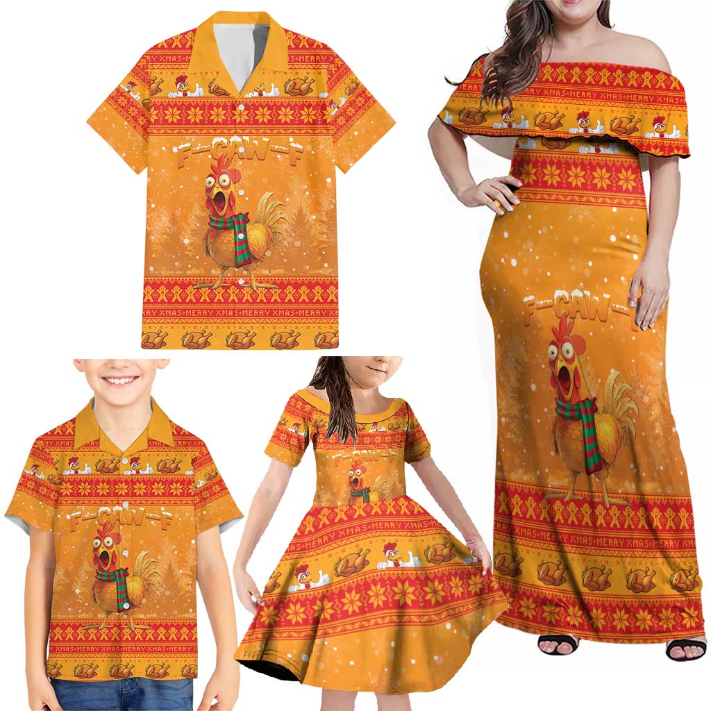 Funny Christmas F Caw F Chicken Family Matching Off Shoulder Maxi Dress and Hawaiian Shirt Merry Craw Mas - Wonder Print Shop