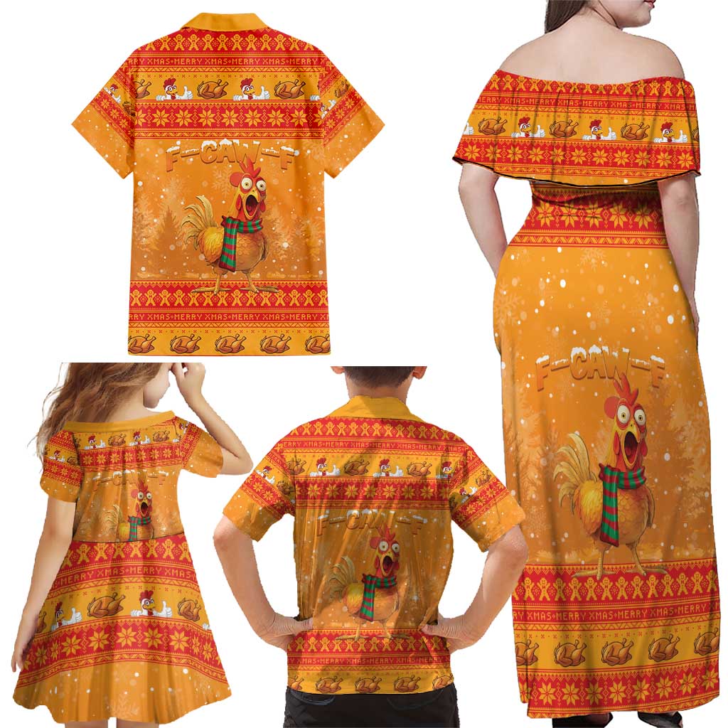Funny Christmas F Caw F Chicken Family Matching Off Shoulder Maxi Dress and Hawaiian Shirt Merry Craw Mas - Wonder Print Shop
