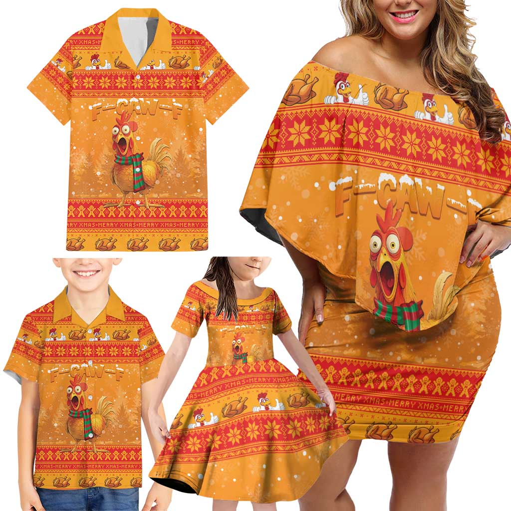Funny Christmas F Caw F Chicken Family Matching Off Shoulder Short Dress and Hawaiian Shirt Merry Craw Mas - Wonder Print Shop
