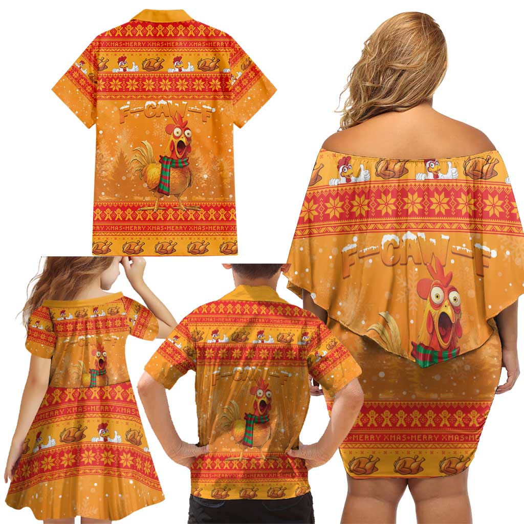 Funny Christmas F Caw F Chicken Family Matching Off Shoulder Short Dress and Hawaiian Shirt Merry Craw Mas - Wonder Print Shop