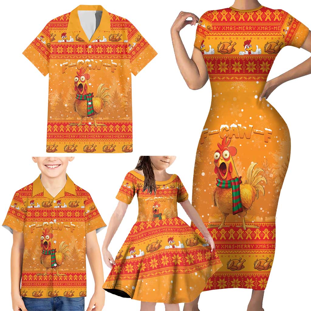 Funny Christmas F Caw F Chicken Family Matching Short Sleeve Bodycon Dress and Hawaiian Shirt Merry Craw Mas - Wonder Print Shop