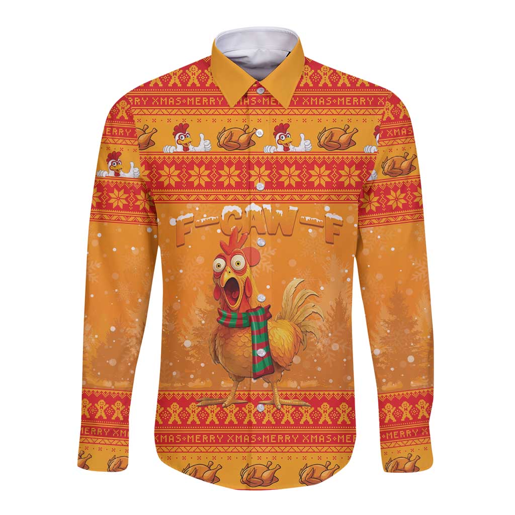 Funny Christmas F Caw F Chicken Long Sleeve Button Shirt Merry Craw Mas - Wonder Print Shop
