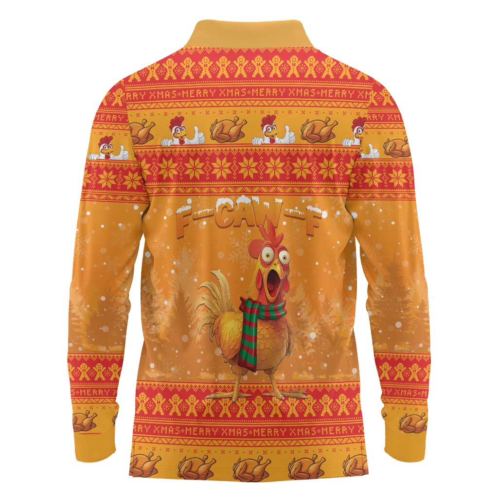 Funny Christmas F Caw F Chicken Long Sleeve Polo Shirt Merry Craw Mas - Wonder Print Shop