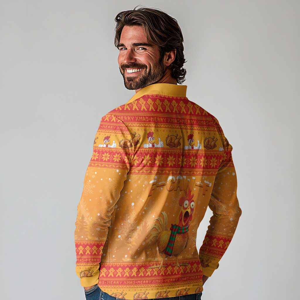Funny Christmas F Caw F Chicken Long Sleeve Polo Shirt Merry Craw Mas - Wonder Print Shop