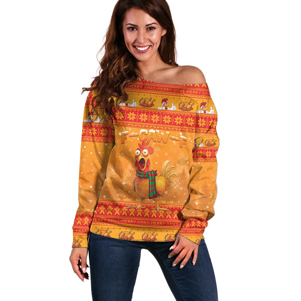 Funny Christmas F Caw F Chicken Off Shoulder Sweater Merry Craw Mas - Wonder Print Shop