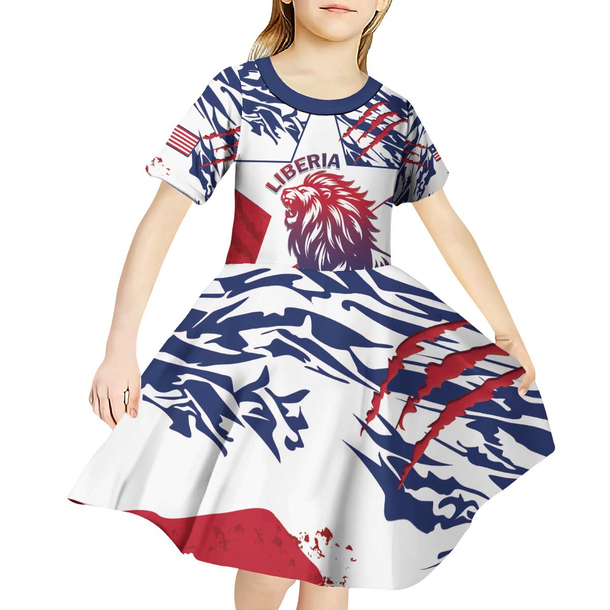 Personalised Liberia Lion Kid Short Sleeve Dress Grunge Style - Wonder Print Shop
