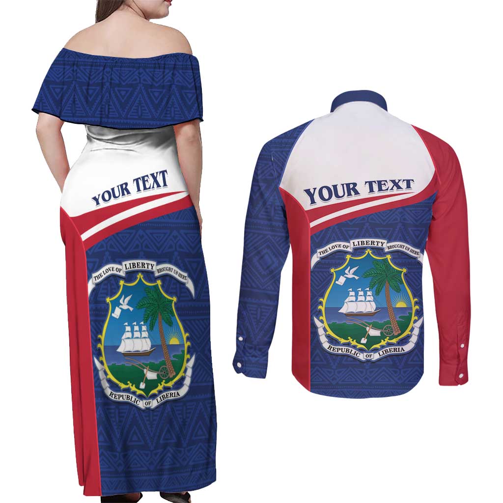 Personalised Liberia Couples Matching Off Shoulder Maxi Dress and Long Sleeve Button Shirt Coat Of Arms - African Pattern - Wonder Print Shop