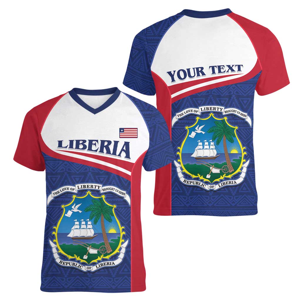 Personalised Liberia Women V-Neck T-Shirt Coat Of Arms - African Pattern - Wonder Print Shop