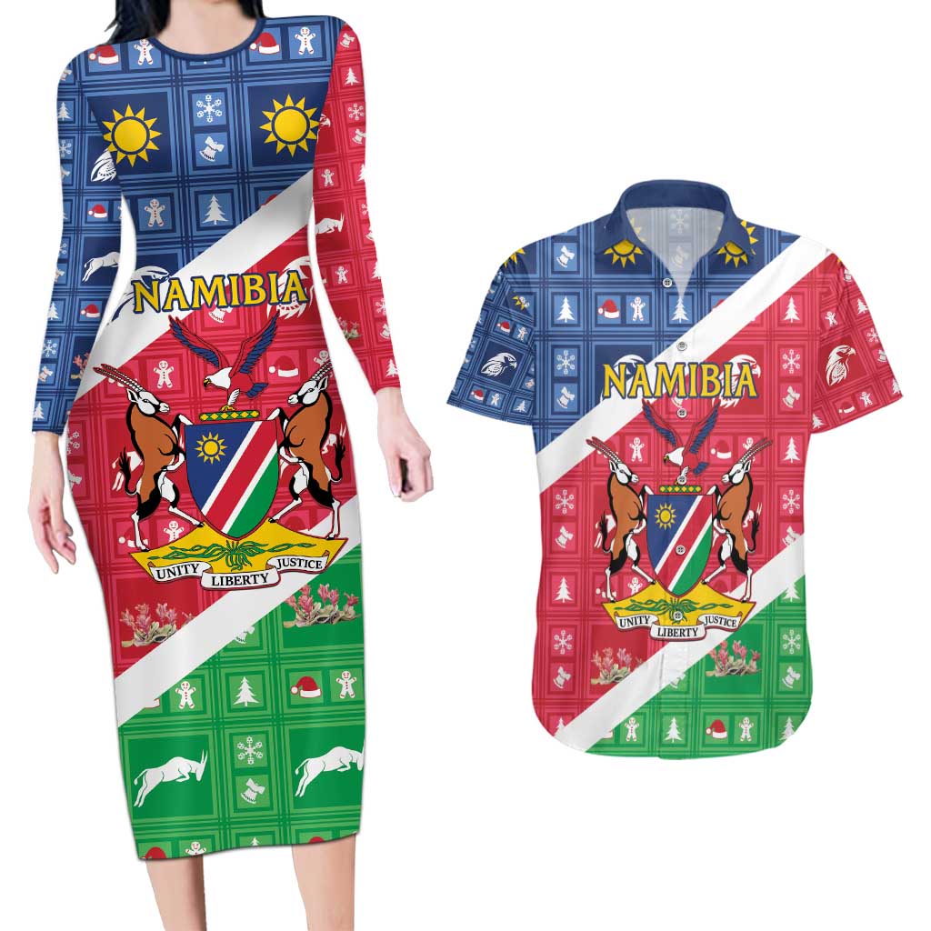 Namibia Christmas Couples Matching Long Sleeve Bodycon Dress and Hawaiian Shirt Coat Of Arms Frohe Weihnachten - Wonder Print Shop