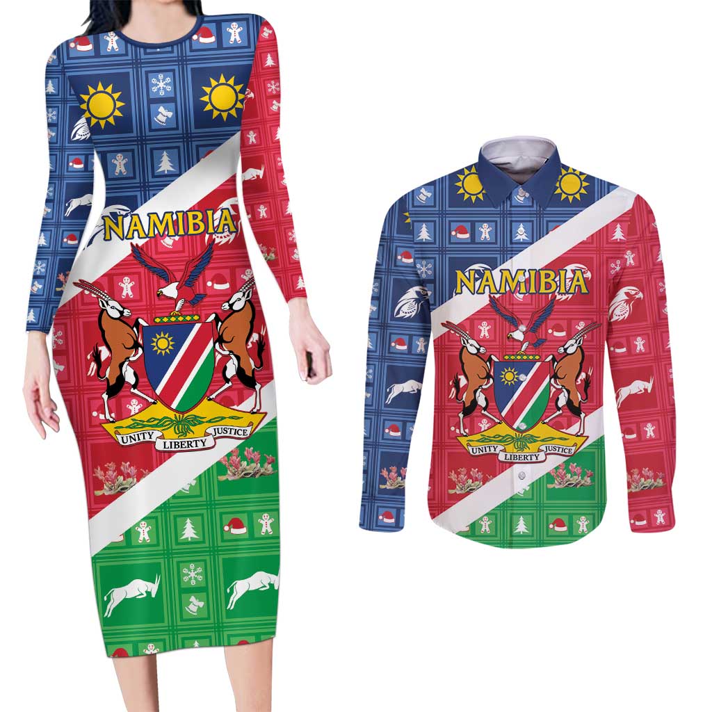 Namibia Christmas Couples Matching Long Sleeve Bodycon Dress and Long Sleeve Button Shirt Coat Of Arms Frohe Weihnachten - Wonder Print Shop
