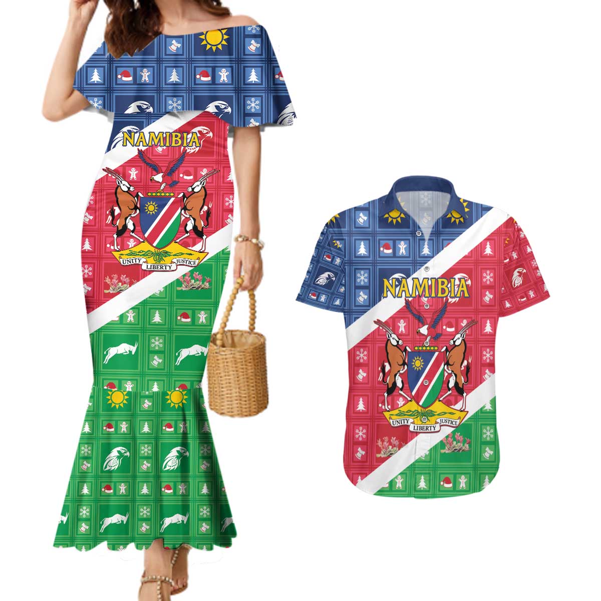 Namibia Christmas Couples Matching Mermaid Dress and Hawaiian Shirt Coat Of Arms Frohe Weihnachten - Wonder Print Shop