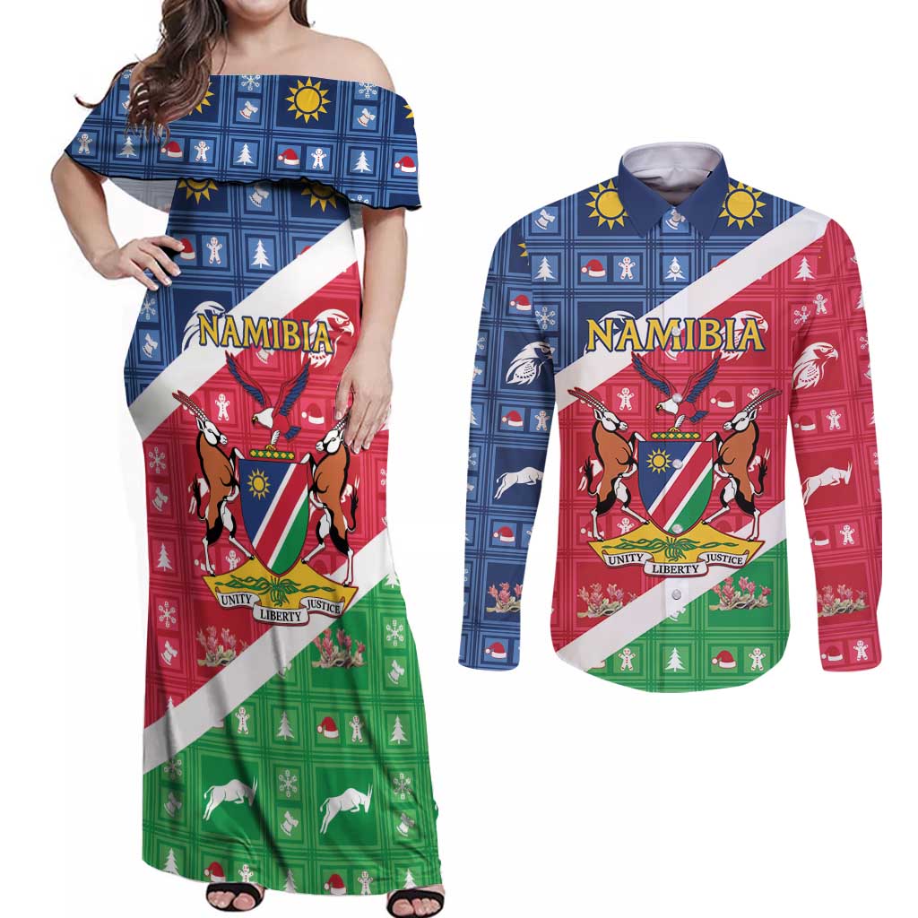 Namibia Christmas Couples Matching Off Shoulder Maxi Dress and Long Sleeve Button Shirt Coat Of Arms Frohe Weihnachten - Wonder Print Shop