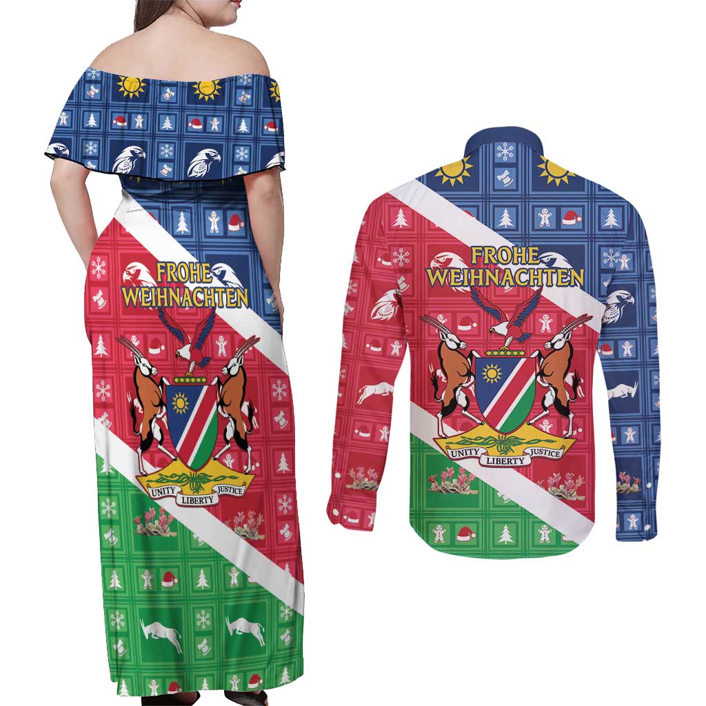 Namibia Christmas Couples Matching Off Shoulder Maxi Dress and Long Sleeve Button Shirt Coat Of Arms Frohe Weihnachten - Wonder Print Shop