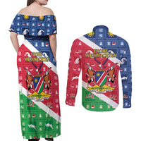 Namibia Christmas Couples Matching Off Shoulder Maxi Dress and Long Sleeve Button Shirt Coat Of Arms Frohe Weihnachten - Wonder Print Shop