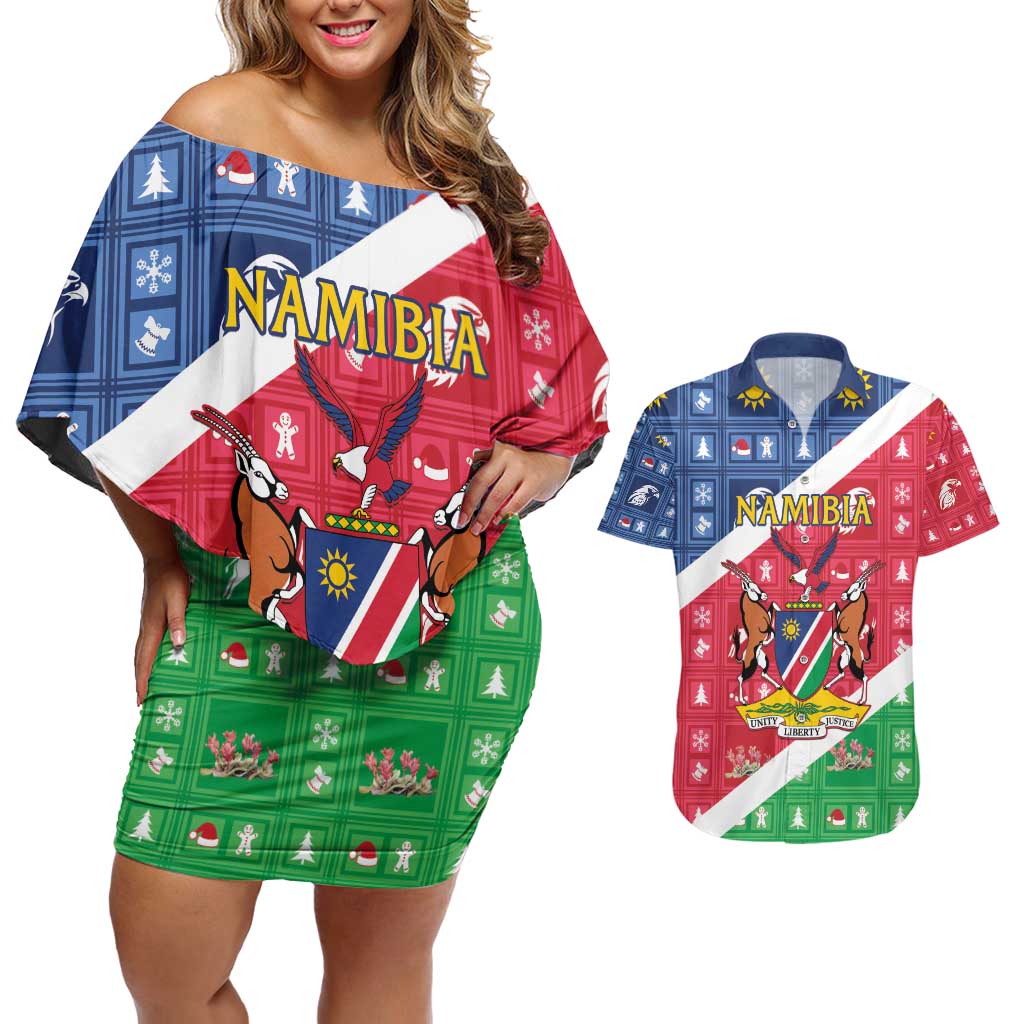 Namibia Christmas Couples Matching Off Shoulder Short Dress and Hawaiian Shirt Coat Of Arms Frohe Weihnachten - Wonder Print Shop