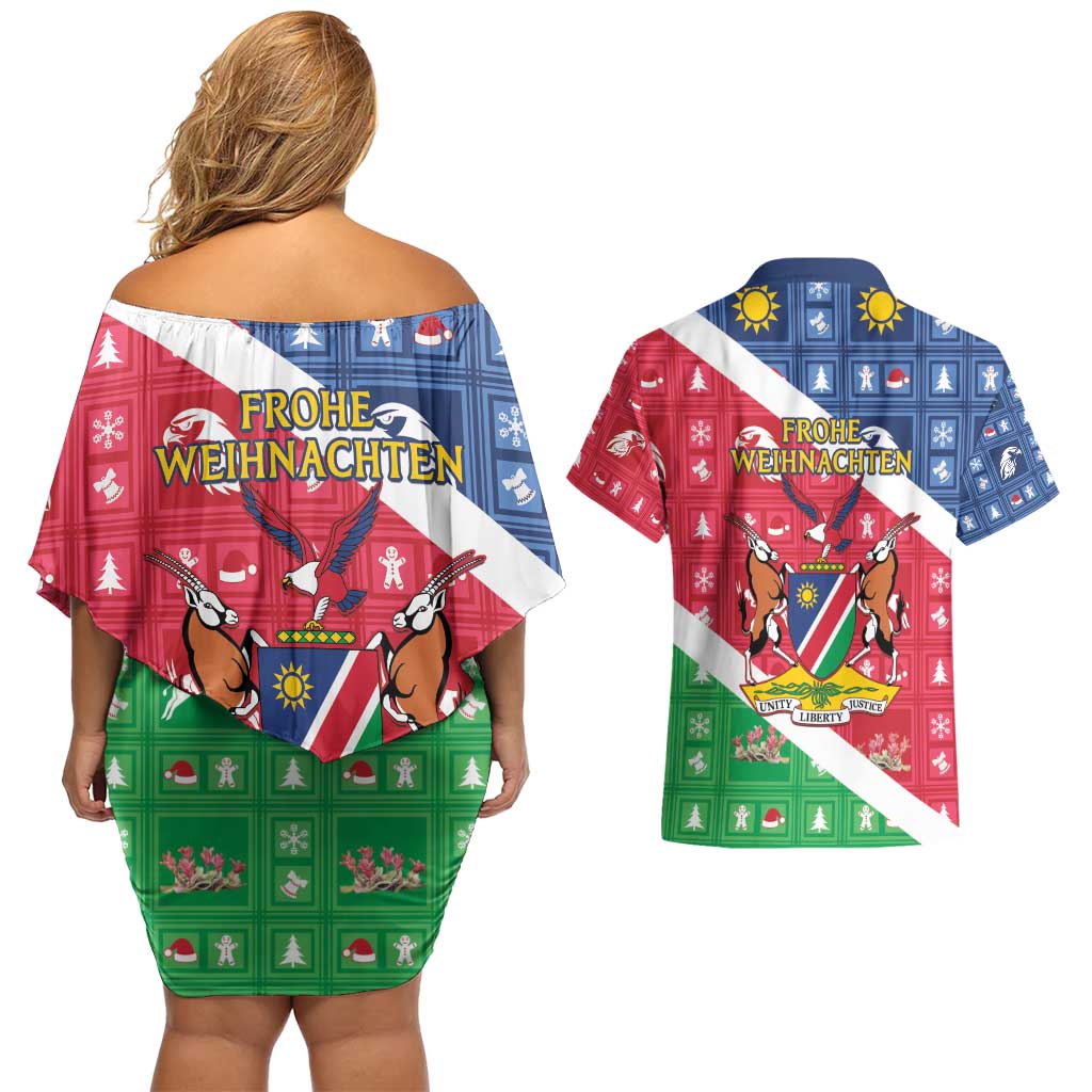 Namibia Christmas Couples Matching Off Shoulder Short Dress and Hawaiian Shirt Coat Of Arms Frohe Weihnachten - Wonder Print Shop