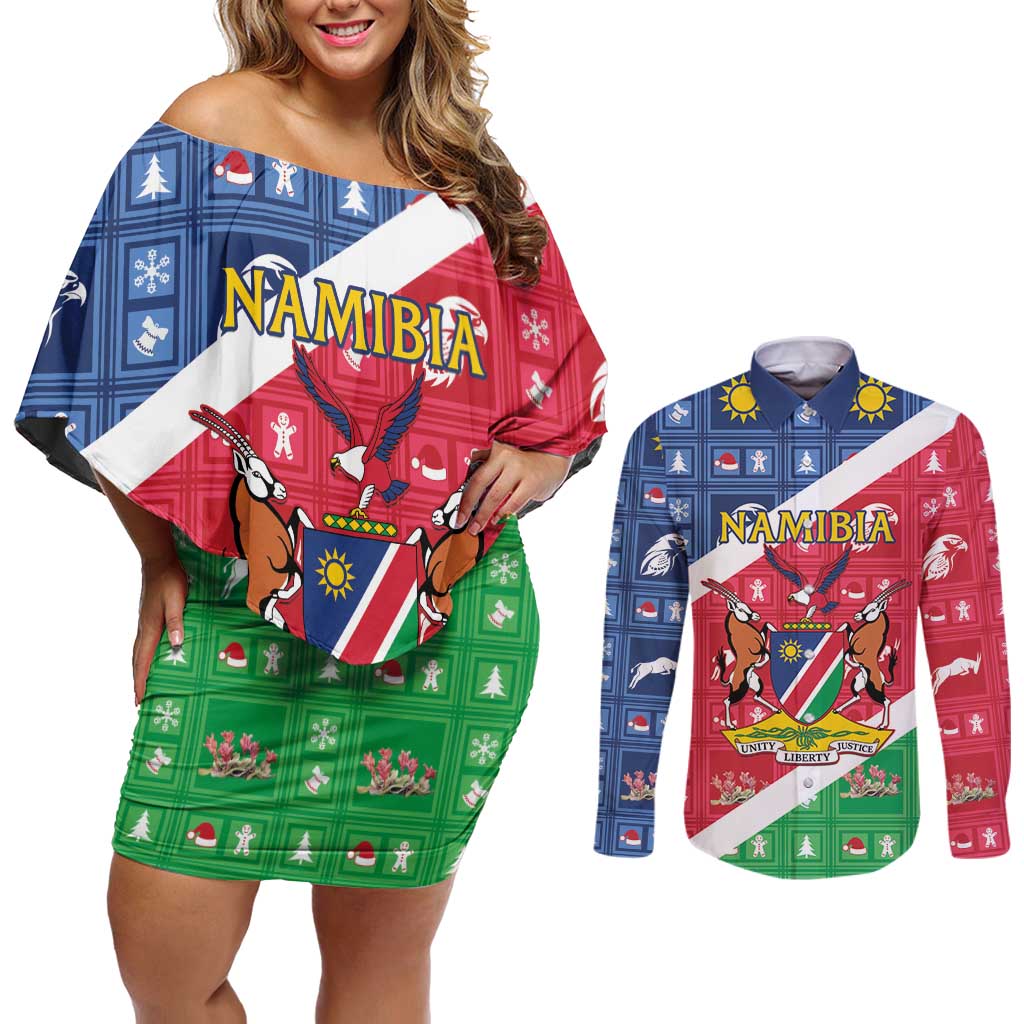 Namibia Christmas Couples Matching Off Shoulder Short Dress and Long Sleeve Button Shirt Coat Of Arms Frohe Weihnachten - Wonder Print Shop