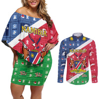 Namibia Christmas Couples Matching Off Shoulder Short Dress and Long Sleeve Button Shirt Coat Of Arms Frohe Weihnachten - Wonder Print Shop
