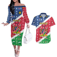 Namibia Christmas Couples Matching Off The Shoulder Long Sleeve Dress and Hawaiian Shirt Coat Of Arms Frohe Weihnachten - Wonder Print Shop