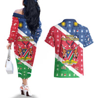 Namibia Christmas Couples Matching Off The Shoulder Long Sleeve Dress and Hawaiian Shirt Coat Of Arms Frohe Weihnachten - Wonder Print Shop