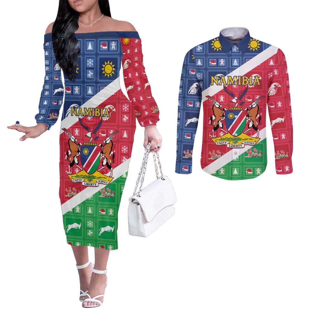Namibia Christmas Couples Matching Off The Shoulder Long Sleeve Dress and Long Sleeve Button Shirt Coat Of Arms Frohe Weihnachten