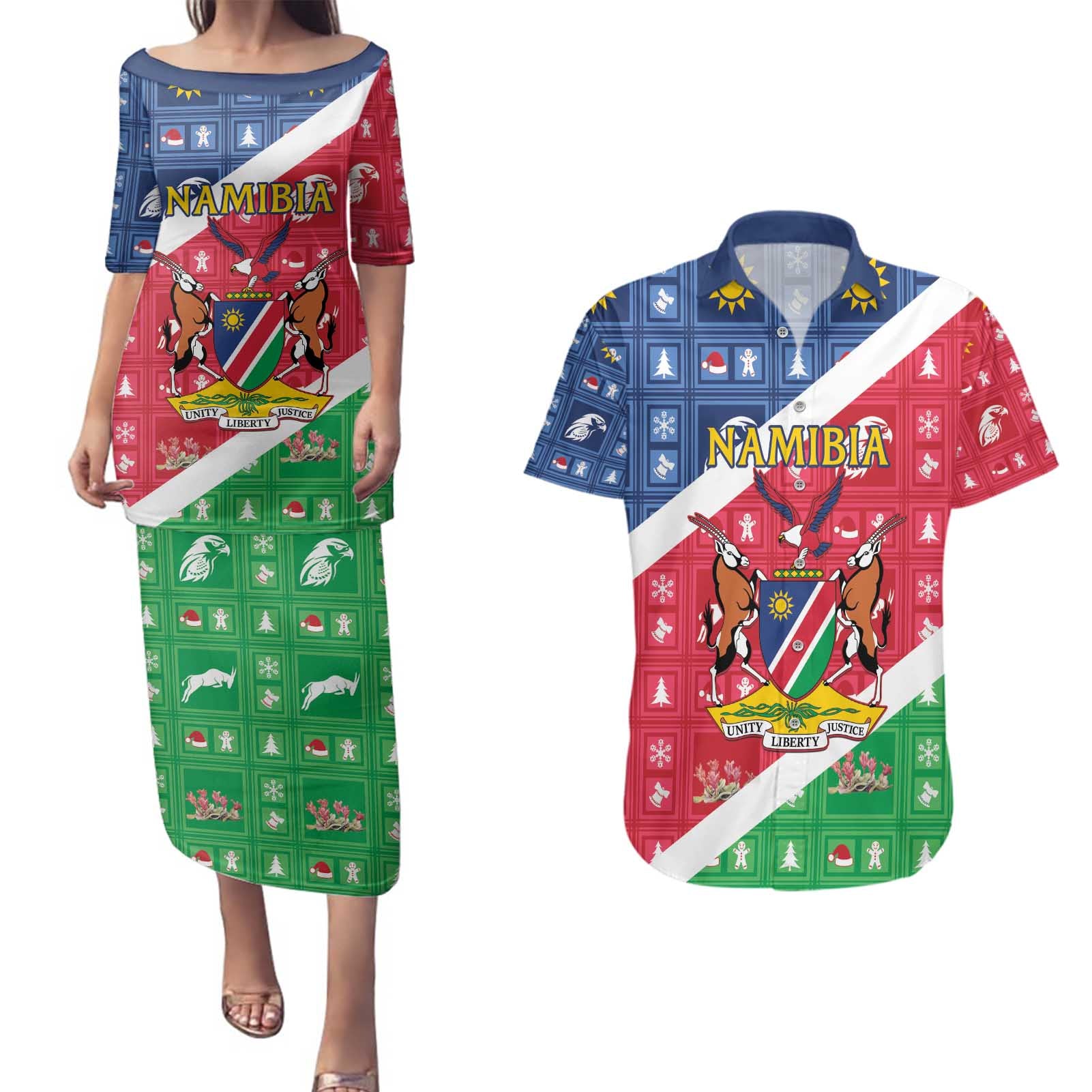 Namibia Christmas Couples Matching Puletasi and Hawaiian Shirt Coat Of Arms Frohe Weihnachten - Wonder Print Shop