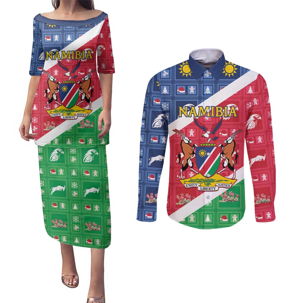 Namibia Christmas Couples Matching Puletasi and Long Sleeve Button Shirt Coat Of Arms Frohe Weihnachten - Wonder Print Shop