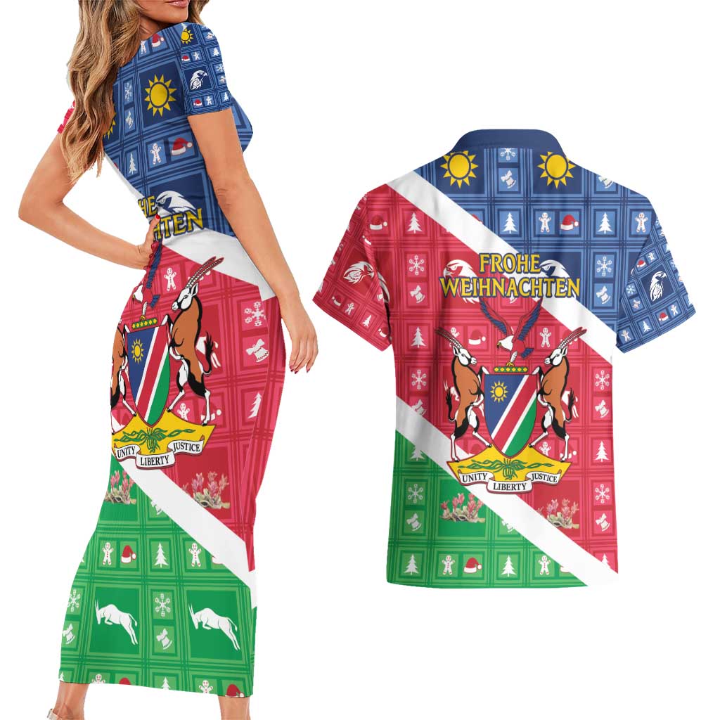 Namibia Christmas Couples Matching Short Sleeve Bodycon Dress and Hawaiian Shirt Coat Of Arms Frohe Weihnachten - Wonder Print Shop