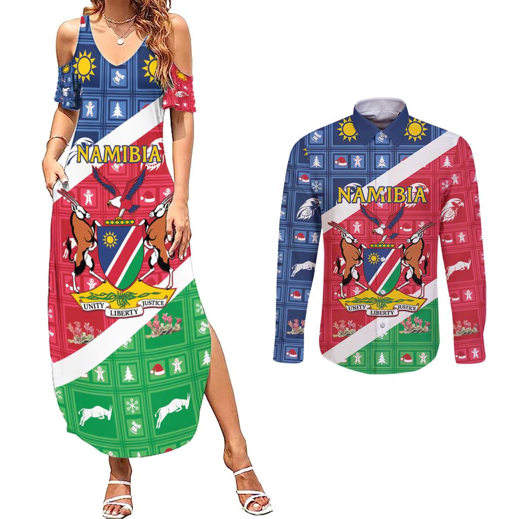 Namibia Christmas Couples Matching Summer Maxi Dress and Long Sleeve Button Shirt Coat Of Arms Frohe Weihnachten - Wonder Print Shop