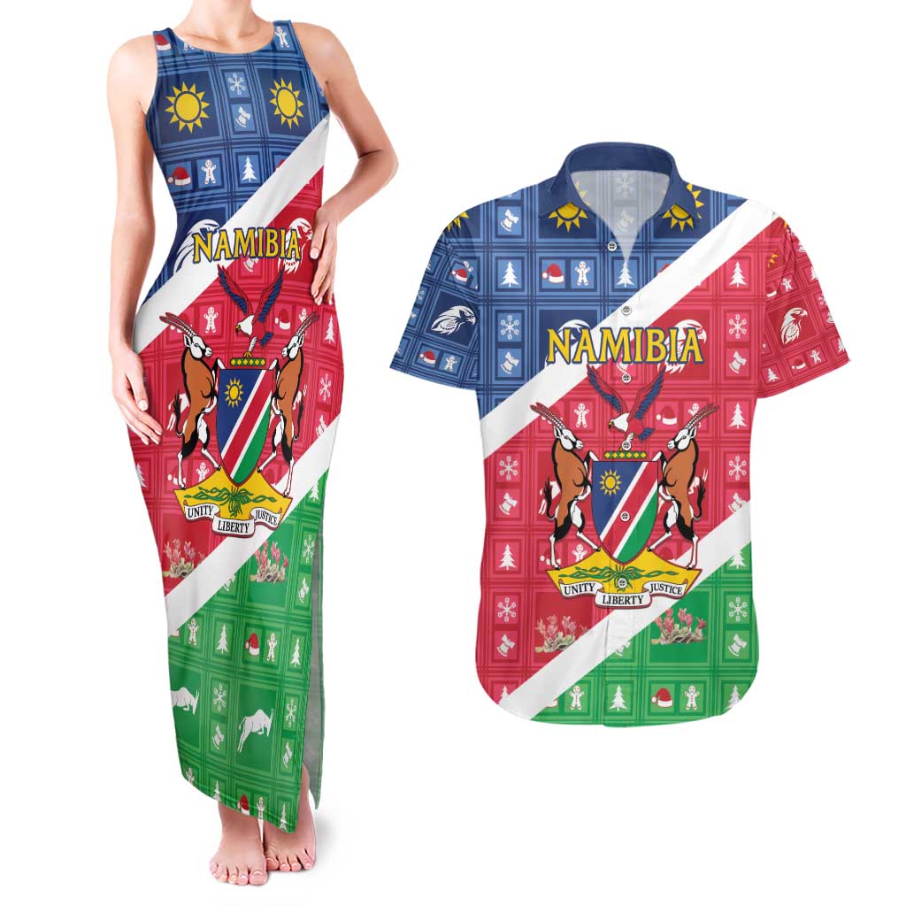 Namibia Christmas Couples Matching Tank Maxi Dress and Hawaiian Shirt Coat Of Arms Frohe Weihnachten - Wonder Print Shop