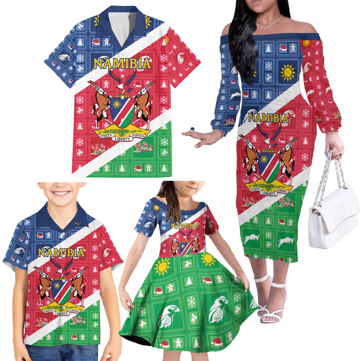 Namibia Christmas Family Matching Off The Shoulder Long Sleeve Dress and Hawaiian Shirt Coat Of Arms Frohe Weihnachten - Wonder Print Shop