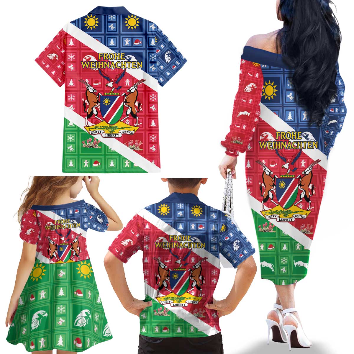 Namibia Christmas Family Matching Off The Shoulder Long Sleeve Dress and Hawaiian Shirt Coat Of Arms Frohe Weihnachten - Wonder Print Shop