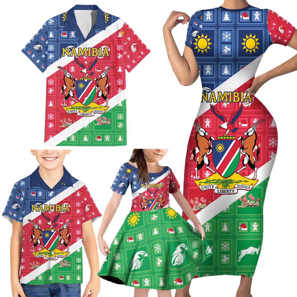 Namibia Christmas Family Matching Short Sleeve Bodycon Dress and Hawaiian Shirt Coat Of Arms Frohe Weihnachten - Wonder Print Shop