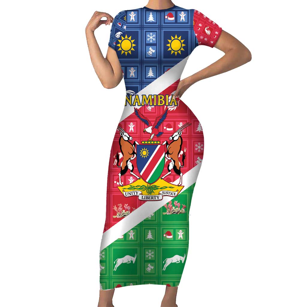 Namibia Christmas Short Sleeve Bodycon Dress Coat Of Arms Frohe Weihnachten - Wonder Print Shop