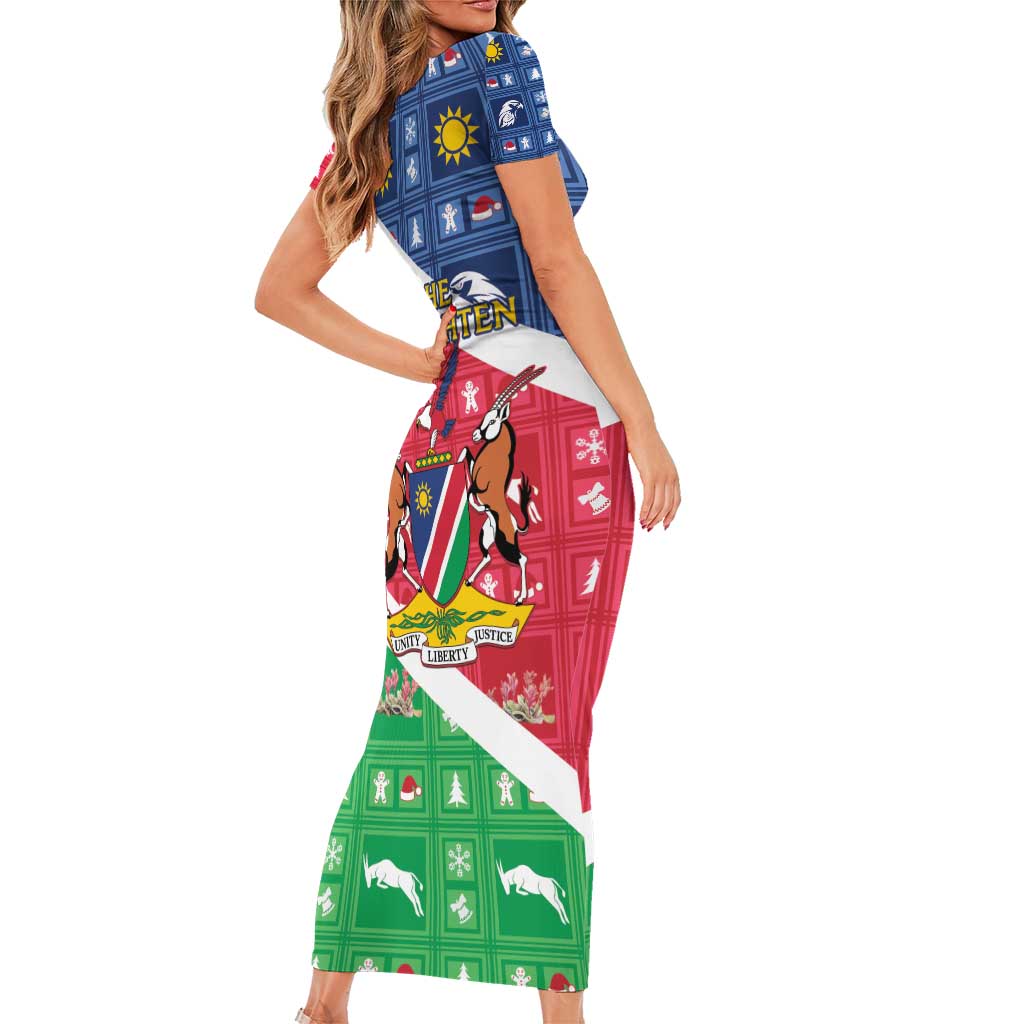 Namibia Christmas Short Sleeve Bodycon Dress Coat Of Arms Frohe Weihnachten - Wonder Print Shop
