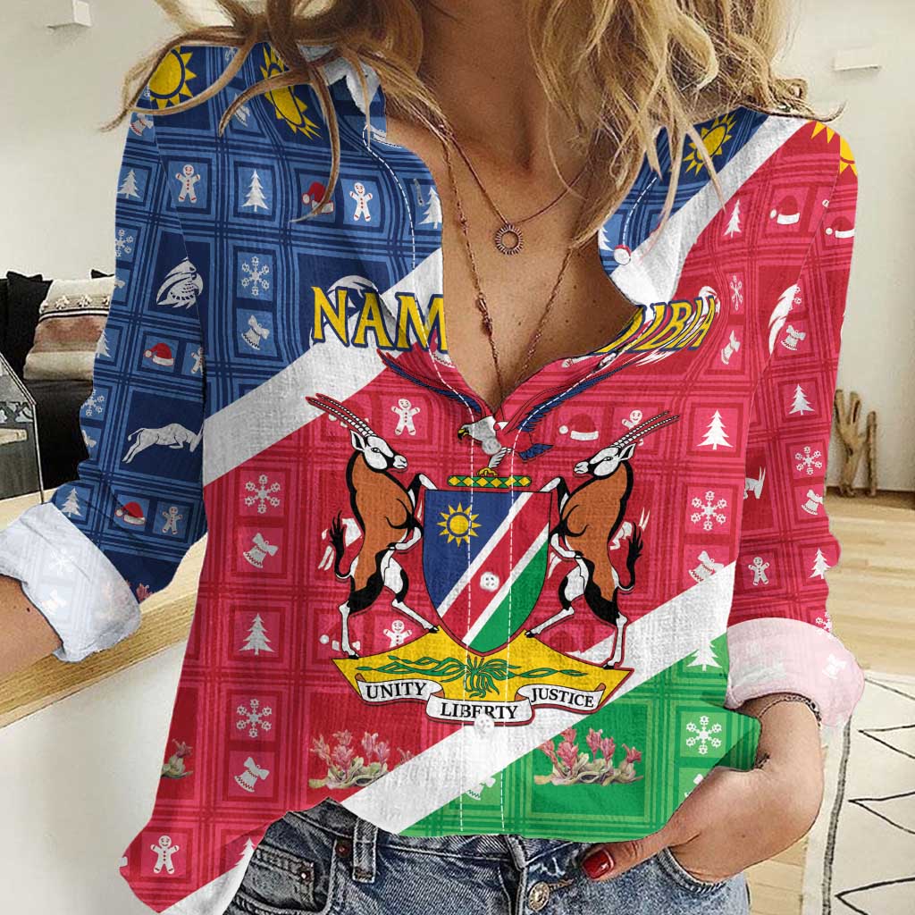 Namibia Christmas Women Casual Shirt Coat Of Arms Frohe Weihnachten - Wonder Print Shop