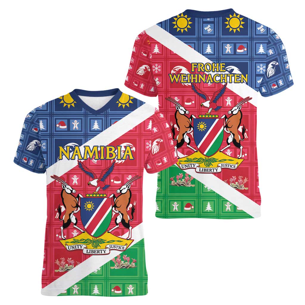 Namibia Christmas Women V-Neck T-Shirt Coat Of Arms Frohe Weihnachten - Wonder Print Shop