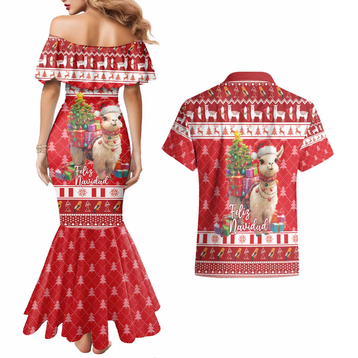 Peru Christmas Couples Matching Mermaid Dress and Hawaiian Shirt Peruvian Alpaca Feliz Navidad - Wonder Print Shop