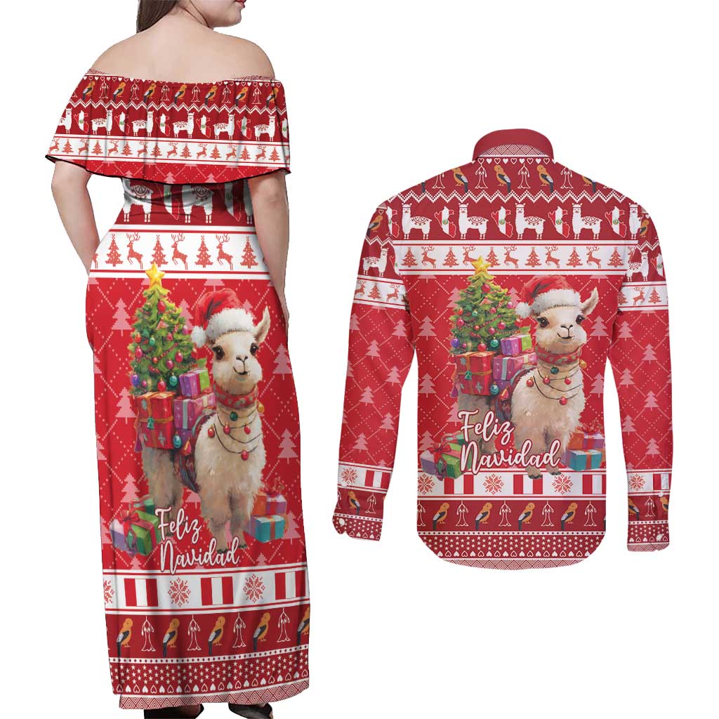 Peru Christmas Couples Matching Off Shoulder Maxi Dress and Long Sleeve Button Shirt Peruvian Alpaca Feliz Navidad - Wonder Print Shop