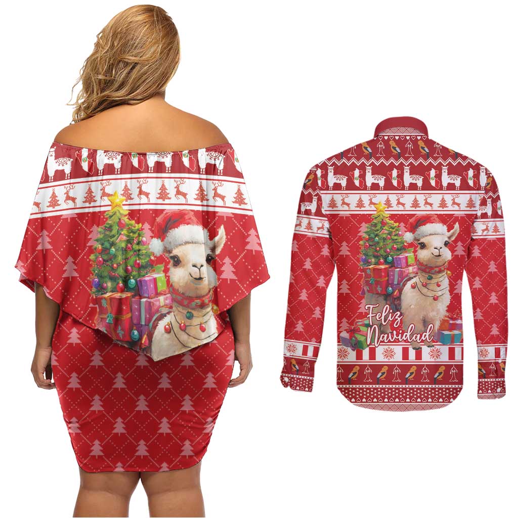 Peru Christmas Couples Matching Off Shoulder Short Dress and Long Sleeve Button Shirt Peruvian Alpaca Feliz Navidad - Wonder Print Shop