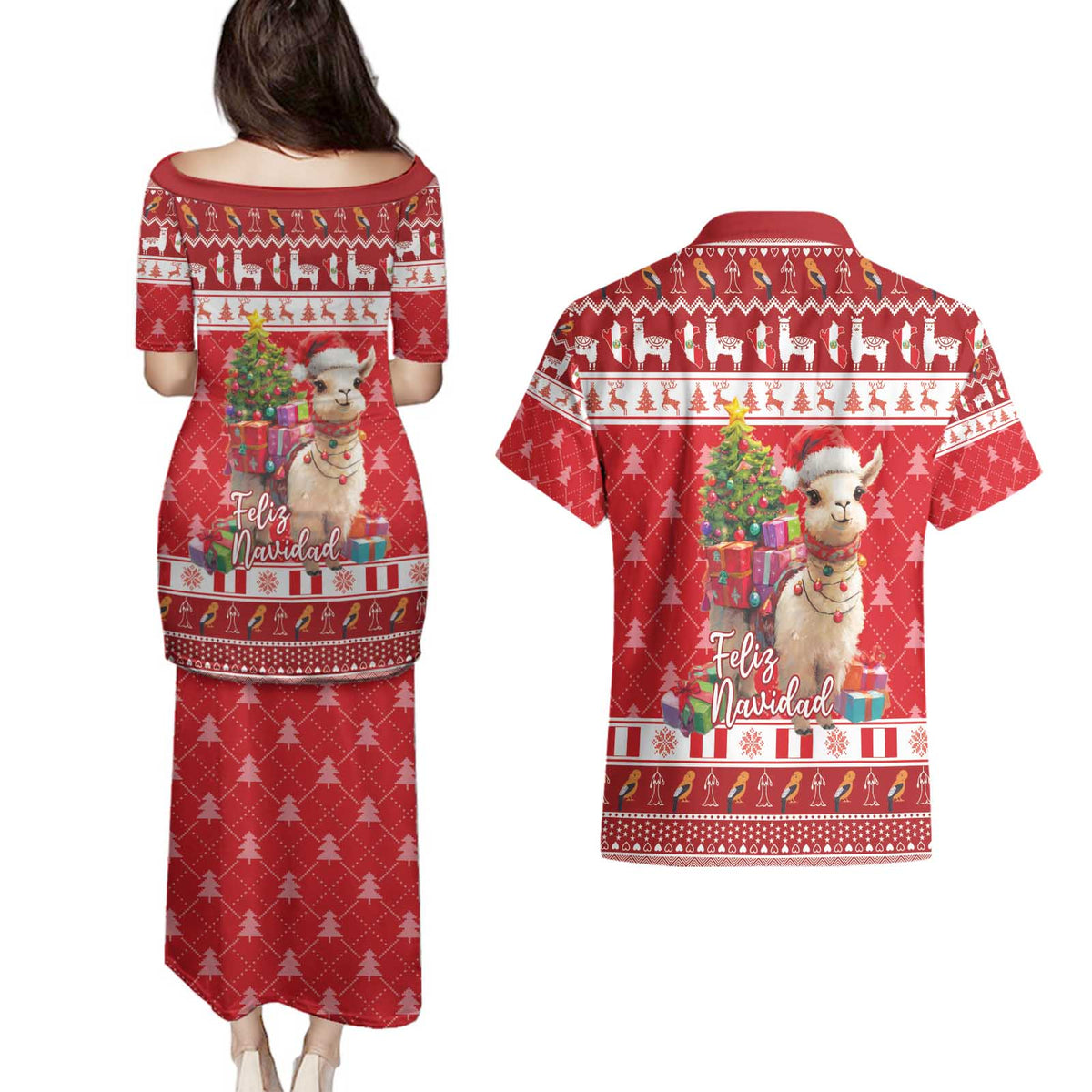 Peru Christmas Couples Matching Puletasi and Hawaiian Shirt Peruvian Alpaca Feliz Navidad - Wonder Print Shop
