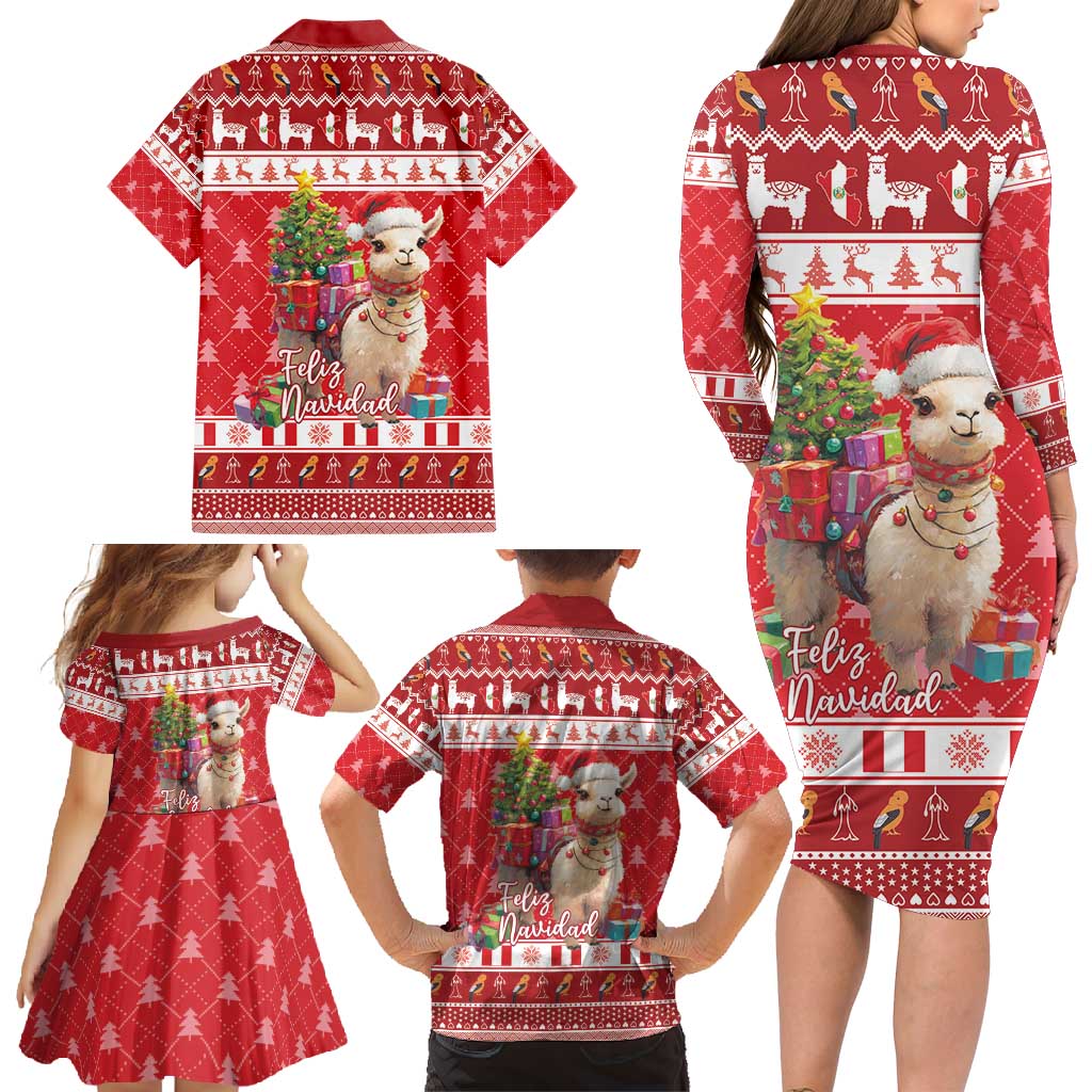 Peru Christmas Family Matching Long Sleeve Bodycon Dress and Hawaiian Shirt Peruvian Alpaca Feliz Navidad - Wonder Print Shop