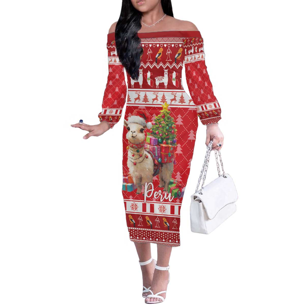 Peru Christmas Family Matching Off The Shoulder Long Sleeve Dress and Hawaiian Shirt Peruvian Alpaca Feliz Navidad - Wonder Print Shop